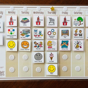 May include: A weekly calendar with a beige background and a grid of colorful squares. Each square contains an image representing a different activity or event, such as school, library, therapy, and play. The calendar is designed for children and includes a section for rewards.