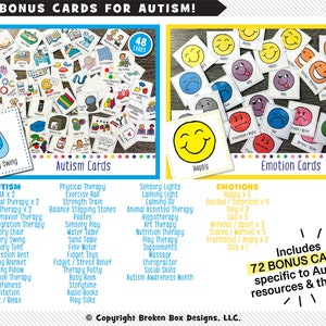 May include: A set of 72 bonus cards for autism, featuring a variety of topics including sensory activities, physical therapy, and emotional regulation. The cards are colorfully illustrated with images and text. The text includes "+72 Bonus Cards for Autism!" and "Includes 72 Bonus Cards specific to Autism resources & therapy".