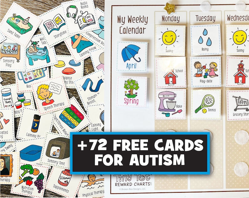 May include: A colorful set of 72 visual cards for autism featuring images of activities, objects, and concepts. The cards are designed to help children with autism learn and communicate. The cards are organized into categories, such as "Sensory Play", "Speech Therapy", and "Calming Activities". The cards are printed on high-quality cardstock and are laminated for durability. The cards are also available in a variety of colors and designs.