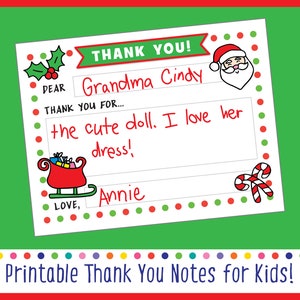 Afdrukbare Kids Christmas Thank You Note-sjabloon, kinderen vullen de lege bedankkaarten in Afdrukbare, digitale Kid Thank You