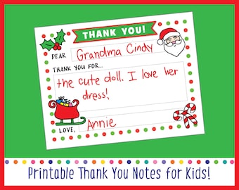 Afdrukbare Kids Christmas Thank You Note-sjabloon, kinderen vullen de lege bedankkaarten in Afdrukbare, digitale Kid Thank You