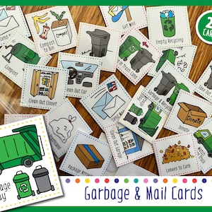 May include: A set of 24 colorful cards with illustrations depicting various household tasks related to garbage and mail. The cards feature a green garbage truck, recycling bins, mailboxes, and other relevant imagery. The text on the cards includes phrases like "Garbage Day", "Take Out Trash Cans", "Send Mail", and "Clean Out Garage".