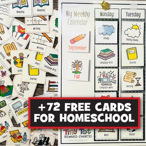 May include: A set of 72 colorful cards for homeschooling, featuring images of various subjects like reading, writing, math, history, and computer work. The cards are displayed on a black and white calendar with a black and white polka dot background. The text "+72 FREE CARDS FOR HOMESCHOOL" is displayed in red and black.