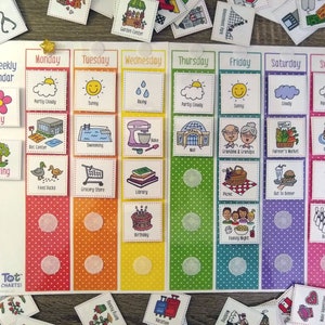 K&ouml;nnte beinhalten: Ein farbenfroher Wochenkalender mit einem Tupfenhintergrund. Der Kalender ist in Wochentage unterteilt, mit entsprechenden Aktivit&auml;ten und Wetter-Icons. Der Kalender ist f&uuml;r Kinder konzipiert und bietet eine Vielzahl von Aktivit&auml;ten, darunter Schwimmen, Bibliothek und Familienabend.