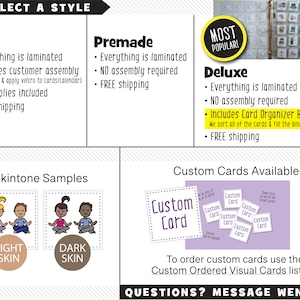 May include: A visual guide to different options for ordering visual communication cards.  The options include a kit, premade, deluxe, and custom cards.  The deluxe option includes a card organizer binder.  The image also shows skin tone samples for light and dark skin.
