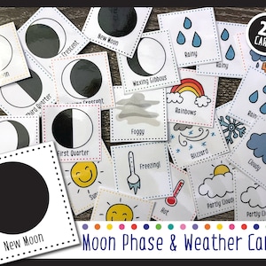 Op de afbeelding: Een set van 24 kleurrijke kaarten met illustraties van maanfasen en weersomstandigheden. De kaarten zijn wit met zwarte contouren en bevatten tekstlabels zoals "Nieuwe Maan", "Volle Maan", "Regenachtig", "Bewolkt" en "Bevriezen!"