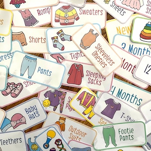 Baby Clothing Storage Labels with Pictures | Clothing Labels | Clothes Tags/Signs for Bedroom, Nursery, Dresser Drawer, Baby Shower Gift