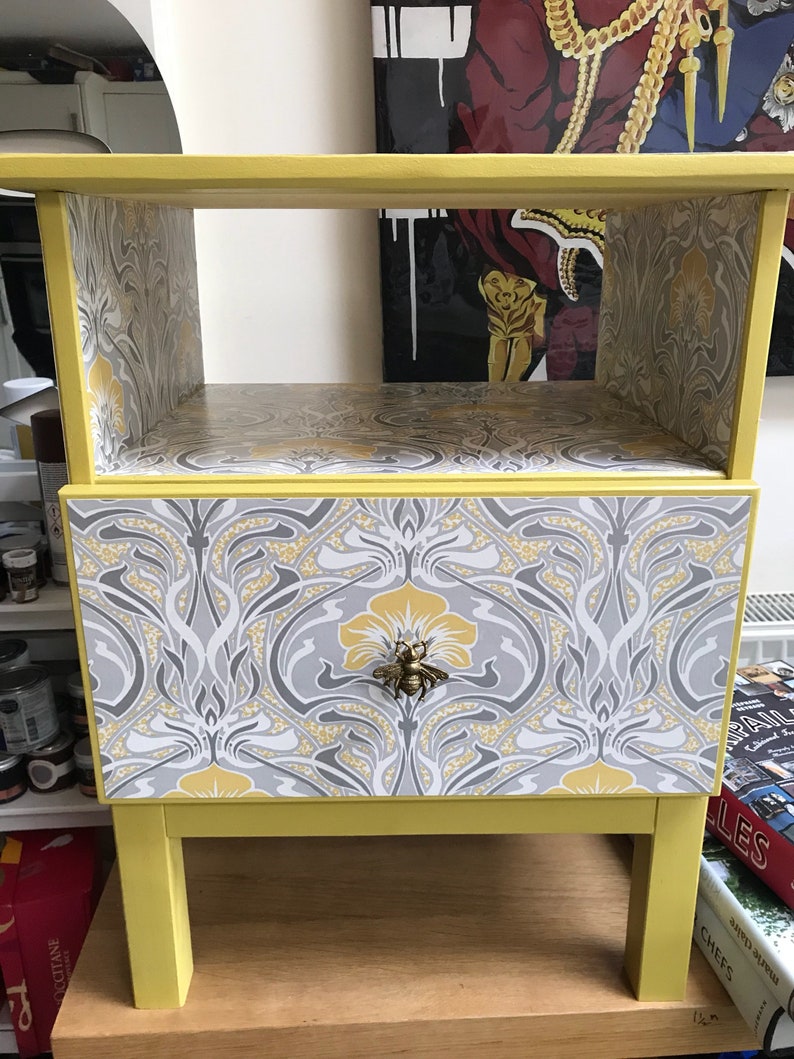 SOLD Upcycled decoupage pine bedside table available for Etsy
