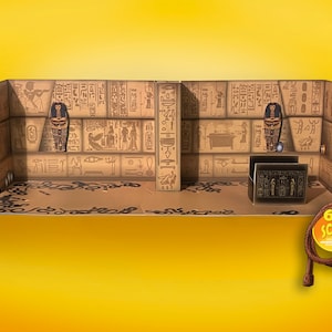 May include: A 6th scale model of an Egyptian tomb interior with hieroglyphic walls, a sarcophagus, and a golden statue. The model is made of cardboard and is designed to be assembled. The image also includes a brown leather whip with a 6th scale label.