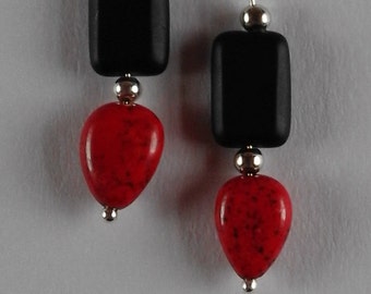 Red Magnesite and Black Czech Glass Bead Earrings for Pierced Ears