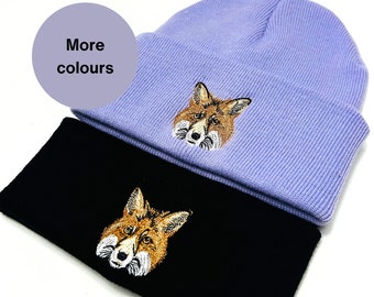 Fox Embroidered Beanie: Unisex Winter Hat, Woodland Animal Accessory