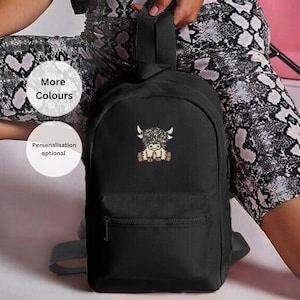 Embroidered Highland Cow Backpack: Mini essential unisex bag with more colour options
