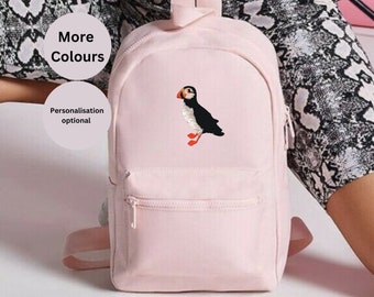 Embroidered puffin rucksack with personalisation, bird themed mini backpack gift for nature lovers