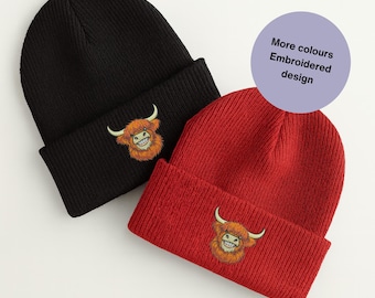 Gorro de lana bordado de vaca de las Tierras Altas, gorro de invierno de punto acogedor para amantes de los animales.