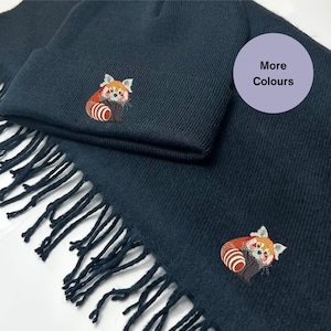 Embroidered Red panda Scarf and beanie set. Beanie hat and scarf winter set. Red Panda gift ideas. Embroidered gifts. Red Panda lovers. Red Panda Hat, Red Panda Scarf. Christmas gift ideas