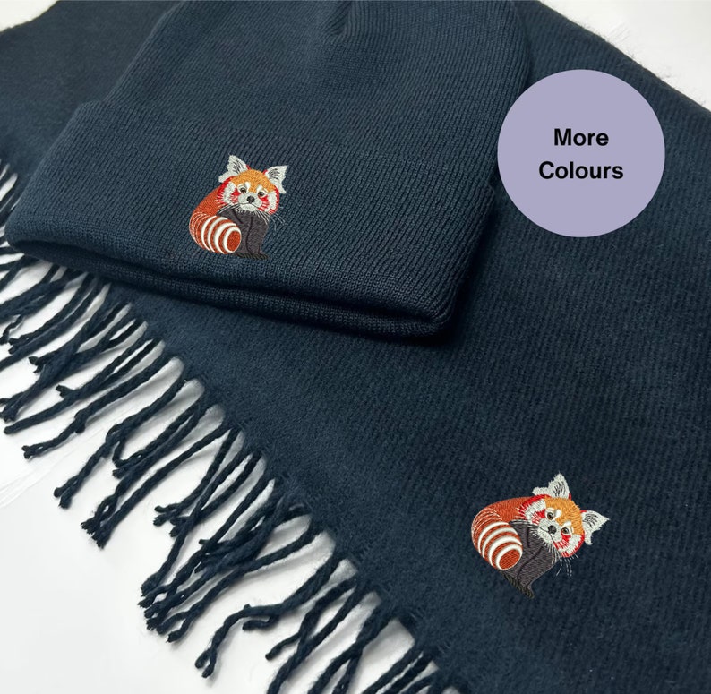 Embroidered Red panda Scarf and beanie set. Beanie hat and scarf winter set. Red Panda gift ideas. Embroidered gifts. Red Panda lovers. Red Panda Hat, Red Panda Scarf. Christmas gift ideas