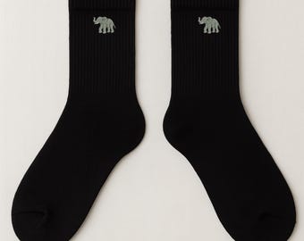 Calcetines unisex con bordado de elefante, mezcla de algodón, blanco y negro.