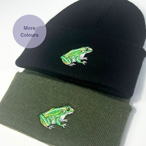 Frog Embroidered Beanie, Unisex embroidered Green frog head Beanie hat. Beanie hat for frog lovers. animal embroidered hat