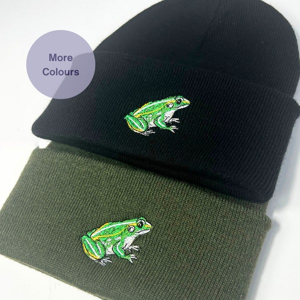 Frog Embroidered Beanie, Unisex embroidered Green frog head Beanie hat. Beanie hat for frog lovers. animal embroidered hat