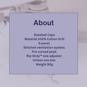 Peut inclure: Une casquette de baseball en tissu 100% coton drill avec une visi&egrave;re pr&eacute;-courb&eacute;e et un syst&egrave;me de r&eacute;glage de la taille par bande rip-strip. La casquette est &agrave; 6 panneaux et poss&egrave;de des &oelig;illets de ventilation cousus. La casquette p&egrave;se 90 grammes.