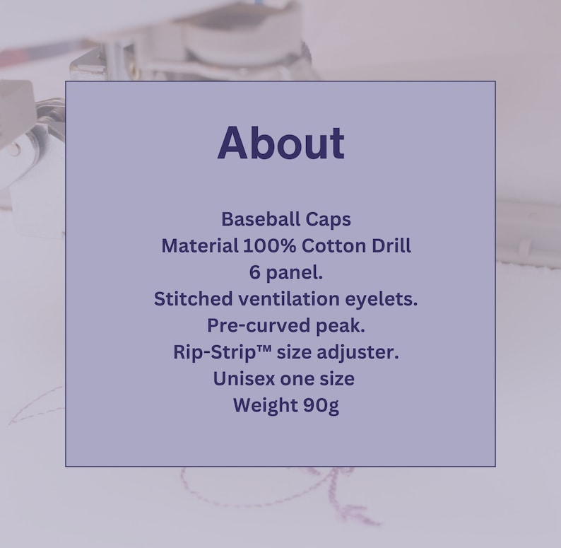 Peut inclure: Une casquette de baseball en tissu 100% coton drill avec une visi&egrave;re pr&eacute;-courb&eacute;e et un syst&egrave;me de r&eacute;glage de la taille par bande rip-strip. La casquette est &agrave; 6 panneaux et poss&egrave;de des &oelig;illets de ventilation cousus. La casquette p&egrave;se 90 grammes.