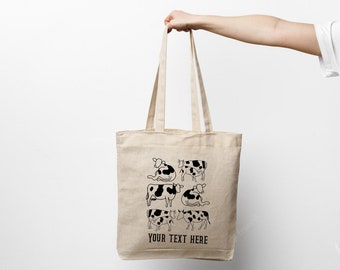 Personalised cow tote bag made with 100% cotton strong and durable for everyday shoppers bag. Farm animal toe bag cow lover gift ideas