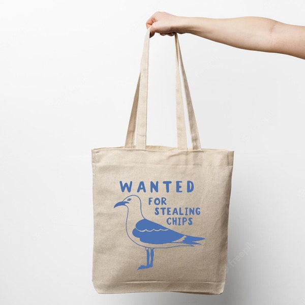 Seagull tote bag canvas. Quote tot bag "Wanted for stealing your chips". Bird lovers gift, Seaside funny humour tote bag. Seagull gift ideas