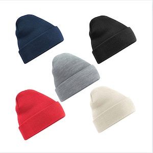 May include: Five different colored knitted beanies. The beanies are in the colors navy blue, black, gray, red, and cream.