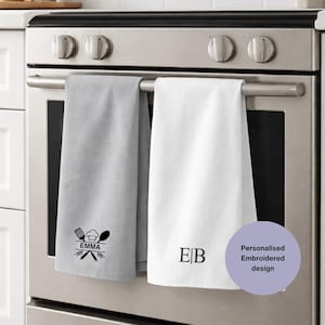 Personalised Embroidered Cotton Tea Towel, Custom Name Kitchen Decor UK