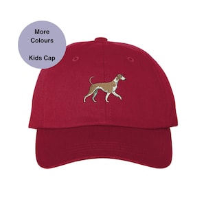 May include: A red kids' baseball cap with an embroidered image of a brown and white dog. The cap has a curved brim and an adjustable strap.