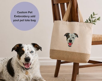 Bolso de mano personalizado con bordado de mascota, bolso de compras personalizado con retrato de perro, bolso de hombro con base de lona y yute.