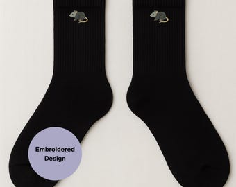 Embroidered Rat Crew Socks - Unisex Cotton Animal Socks