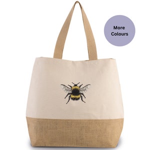 Bumble bee bestickte Tasche, Jute Baumwolle bestickte Biene Tasche, Geschenkidee für Bienenliebhaber. Große bestickte Einkaufstasche