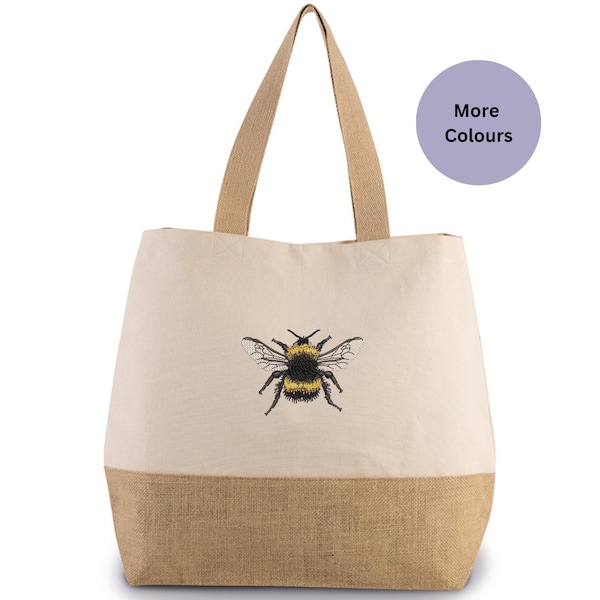 Bumble bee embroidered tote bag, Jute cotton canvas embroidered Bee tote bag., Bee lovers gift ideas. Large embroidered shoppers tote bag