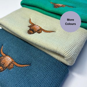 Scottish Highland Cow head Embroidered Beanie, Farm animal embroidered beanie hats, Cow lovers gift ideas. Highland cow hat winter hat