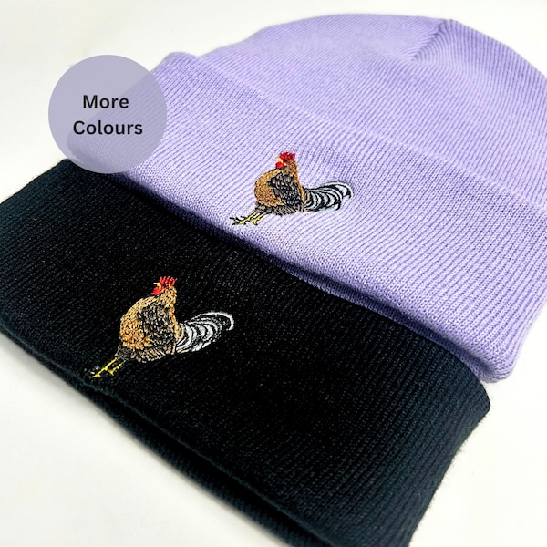 Farm Chicken Embroidered Beanie, Winter warm Unisex embroidered animal beanie hat. Beanie hat for farmers. knit chicken hat chicken gifts