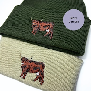 Standing Scottish Highland Cow Embroidered Beanie, Highland cow hat, Farm animal embroidered beanie hats, Cow lovers gift ideas. Winter hat