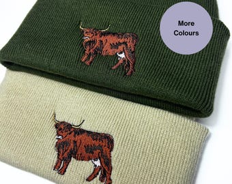 Geborduurde Highland Cow-beanie: Schotse boerderijdieren wintermuts