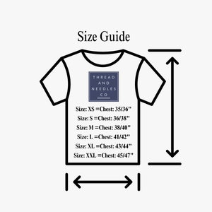 May include: Size guide for a t-shirt with the text "Thread and Needles Co." printed on the front. The guide shows the chest measurements in inches for sizes XS, S, M, L, XL, and XXL.