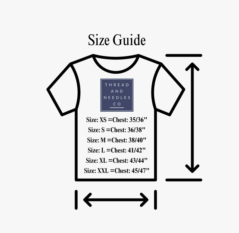 May include: Size guide for a t-shirt with the text "Thread and Needles Co." printed on the front. The guide shows the chest measurements in inches for sizes XS, S, M, L, XL, and XXL.