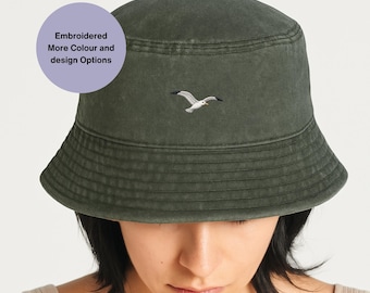 Coastal Bucket Hat, Beach Hat, Lighthouse Anchor Seashell Seagull Palm Tree Design, Summer Holiday Headwear, Embroidered Sun Waves Cap