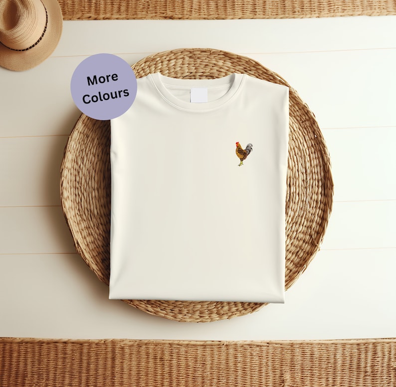 Embroidered chicken t-shirt. Unisex T-shirt. farmers clothing. Chicken gift ideas. Embroidered unisex clothing. Chicken clothing. Rooster gift ideas