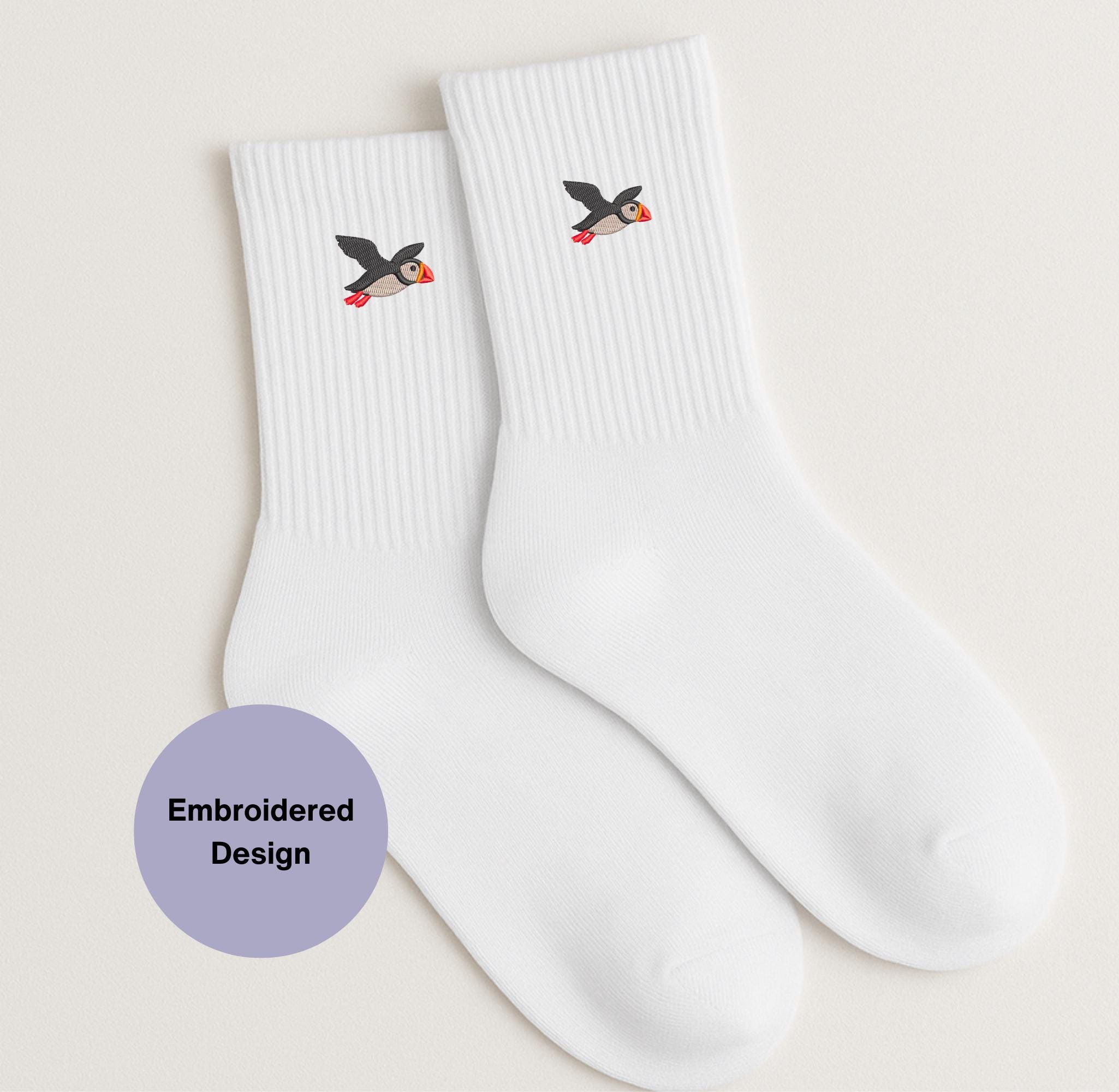Embroidered Puffin Bird Socks: Cotton Blend Crew Socks for animal lovers