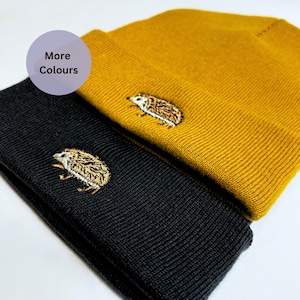 Hedgehog embroidered beanie hat warm winter unisex beanie hat. Woodland animal embroidered beanie hat. Hedgehog gift ideas, Winter accessory