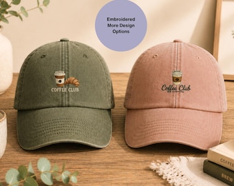 Embroidered Coffee Club Cotton Cap, Vintage Washed style with many colour options