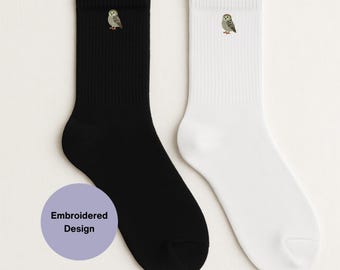 Calcetines unisex con bordado de búho, mezcla de algodón, blanco y negro.