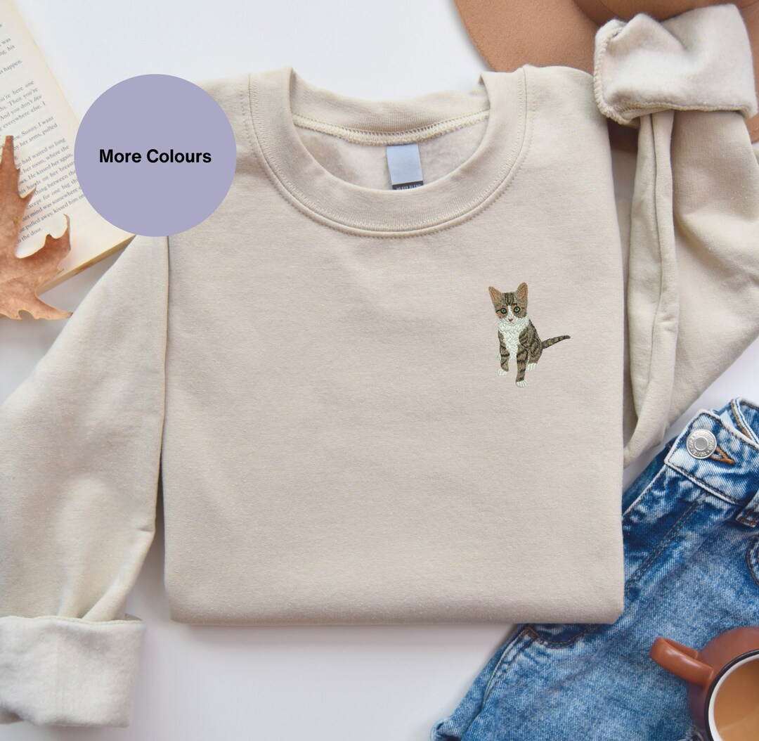 Light Gray and Blue Cat Letter Embroidery Sailor Collar Sweatshirt for Spring
