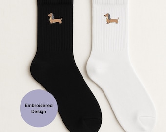 Calcetines bordados con perro salchicha: Calcetines cómodos de mezcla de algodón.