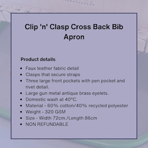 May include: Apron with the text "Clip 'n' Clasp Cross Back Bib Apron". Features include faux leather fabric, clasps, three front pockets, and gun metal eyelets. The apron is 28 inches wide and 34 inches long.
