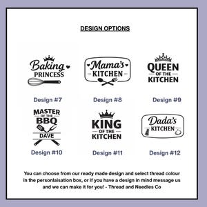 May include: A white graphic featuring six kitchen-themed designs with text like "Baking Princess," "Mama's Kitchen," and "Queen of the Kitchen." Each design is numbered and includes a small illustration. The text "DESIGN OPTIONS" is at the top.